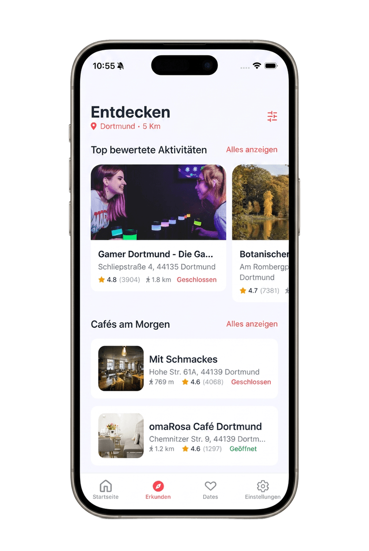 DateVibe App: Entdecken-Screen mit personalisierten Date-Vorschlägen